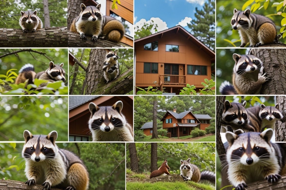 A collage featuring a well-maintained rental property alongside images of common wildlife like raccoons and squirrels