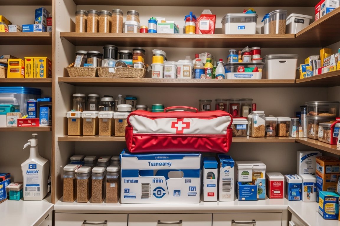 A well-organized pantry stocked with emergency supplies, next to a first aid kit