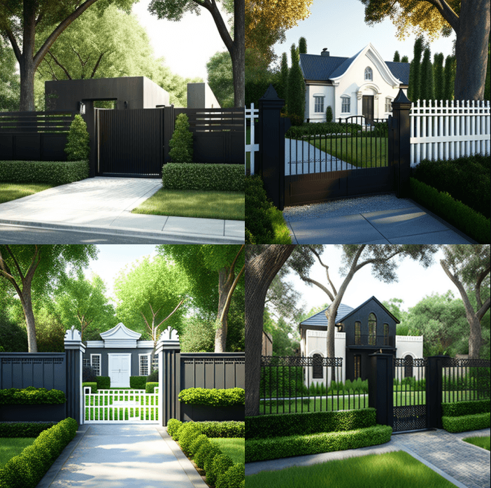 Different styles of front yard fence gate installation.