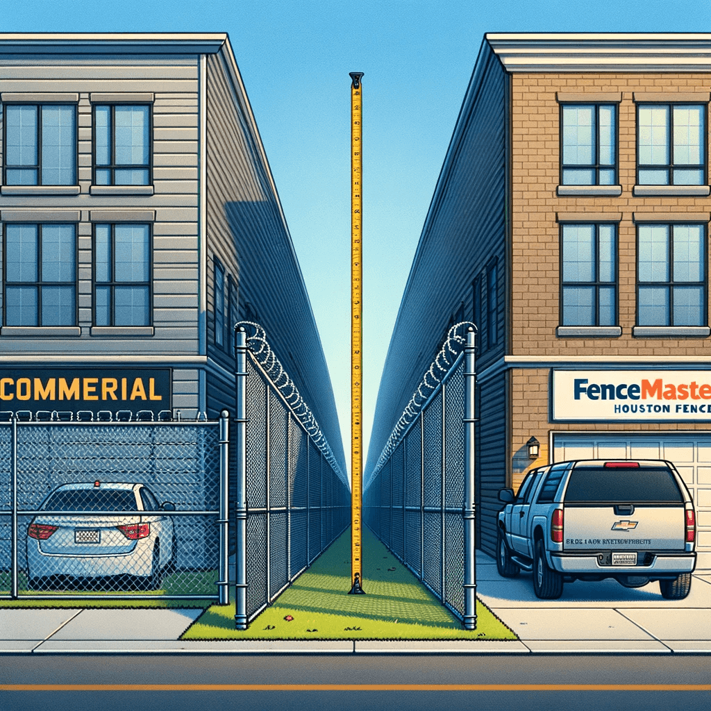 A side-by-side comparison of a commercial and a residential chain link fence, highlighting their differences in thickness and height. The Fencemaster Houston logo should be subtly placed in the bottom right corner.