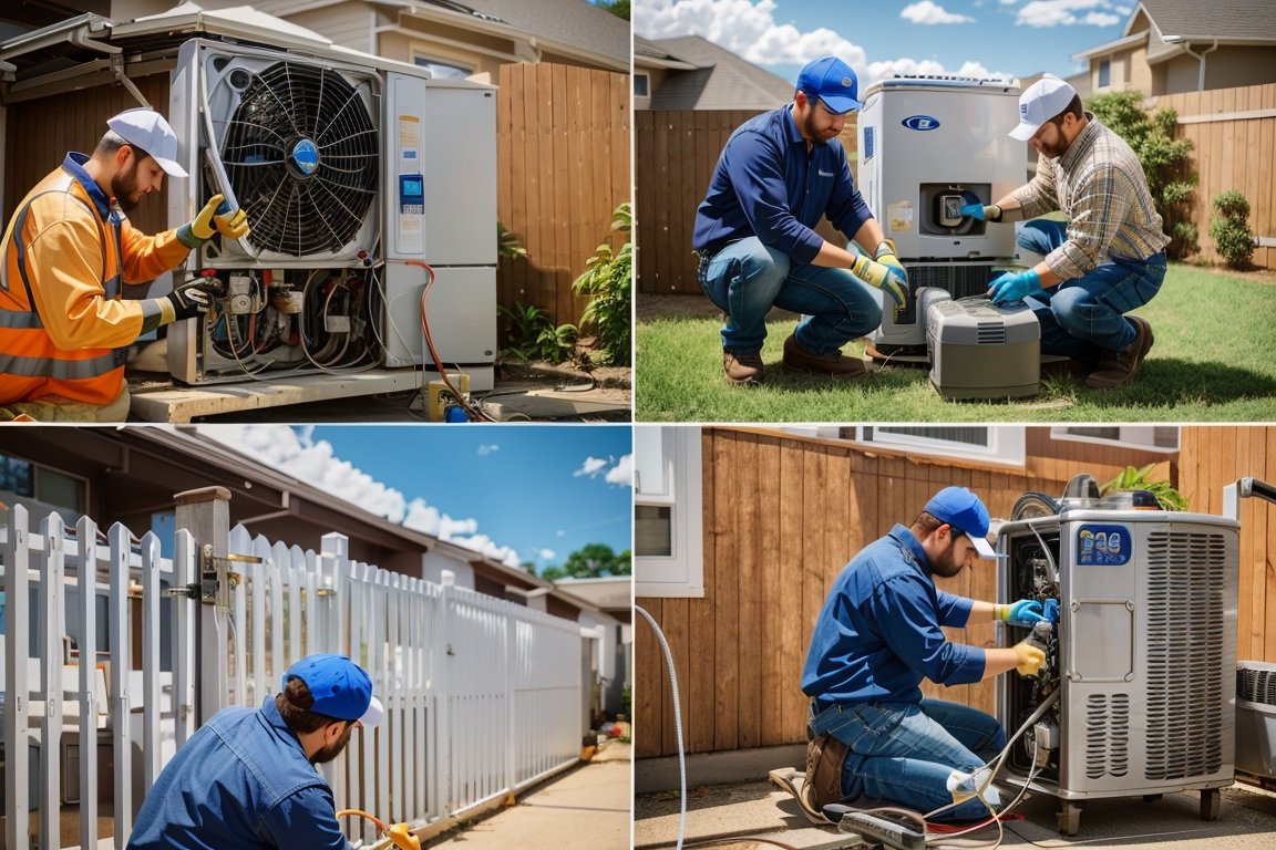 A collage featuring a repairman fixing a fence and another one repairing an ice machine