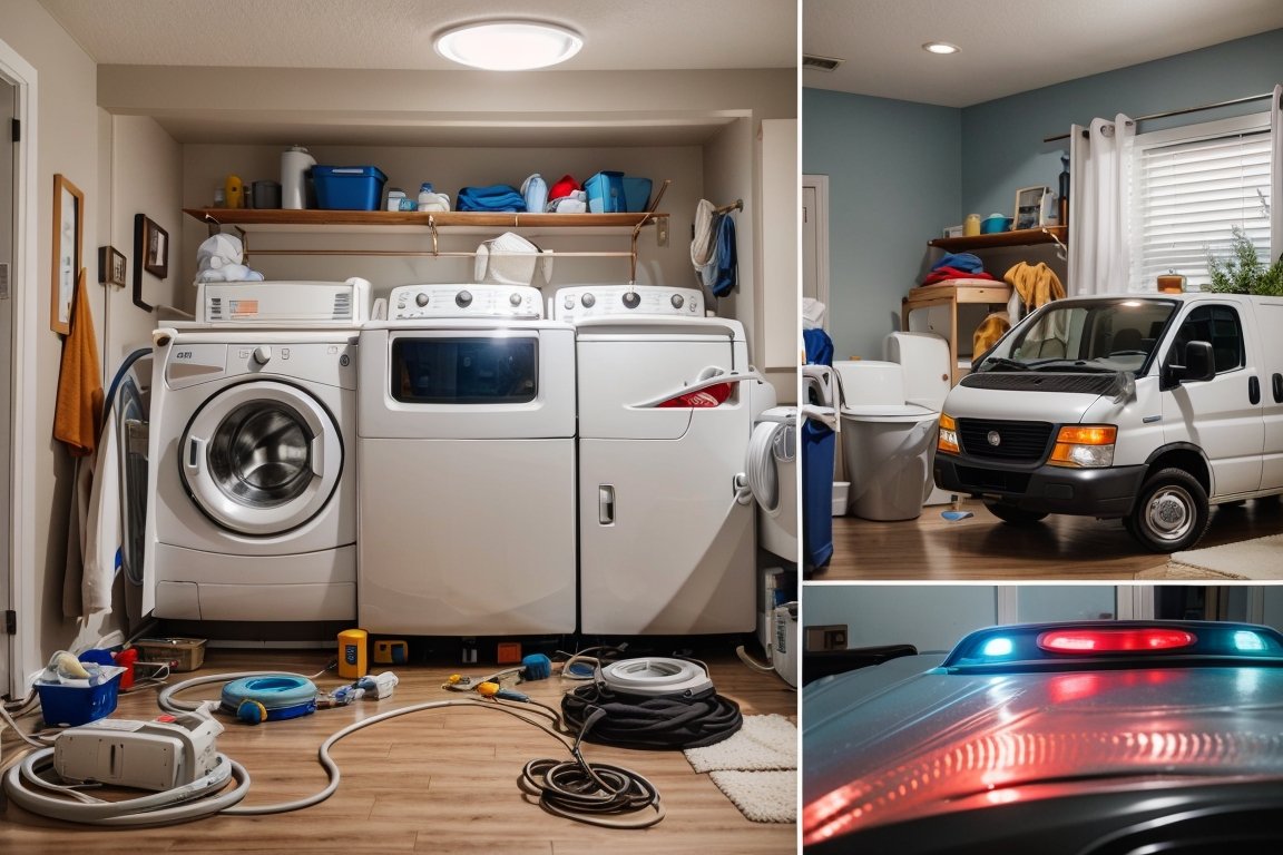 A collage featuring a washing machine with all cycle lights on, a leaking sink, and a Texas Homes Realty service van, all symbolizing quick and efficient repair services.