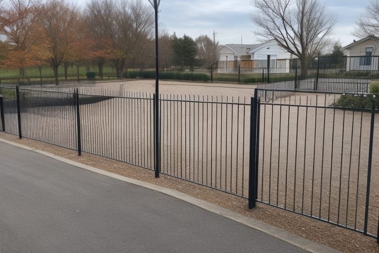 An image showcasing a newly installed 6' iron fence around a commercial property