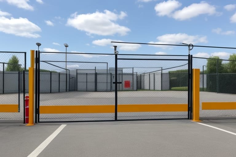 An image showcasing a newly installed chain link gate at a commercial warehouse