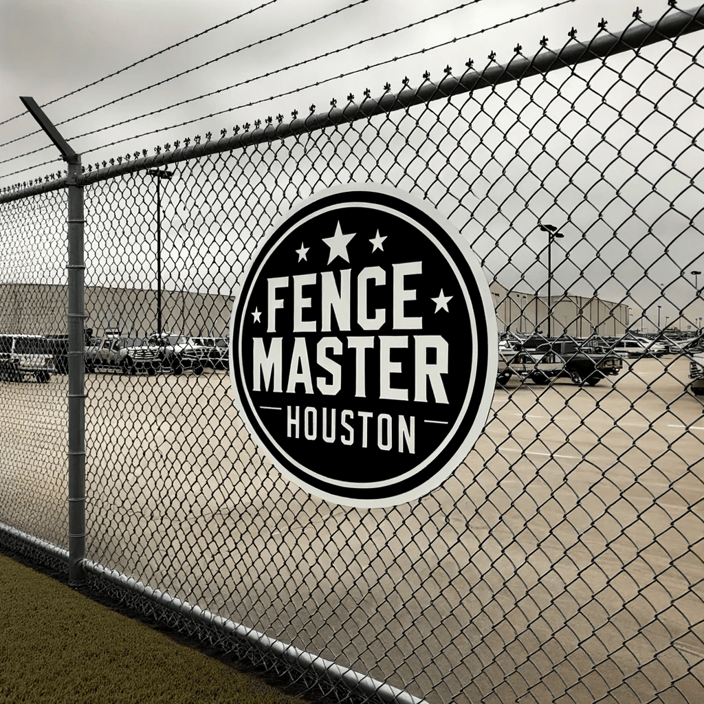 Photo of a 6ft tall chain link fence surrounding a commercial property, with the Fencemaster Houston logo subtly embedded in the bottom right corner, showcasing the quality and durability of the fence in a professional setting.