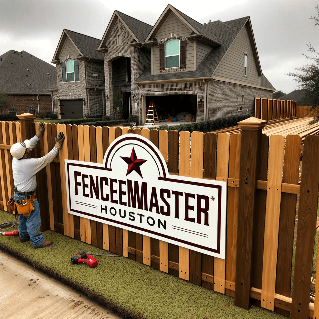 Photo of a freshly installed 6-foot tall wood fence for a residential property, with the Fencemaster Houston logo prominently displayed on the bottom right.