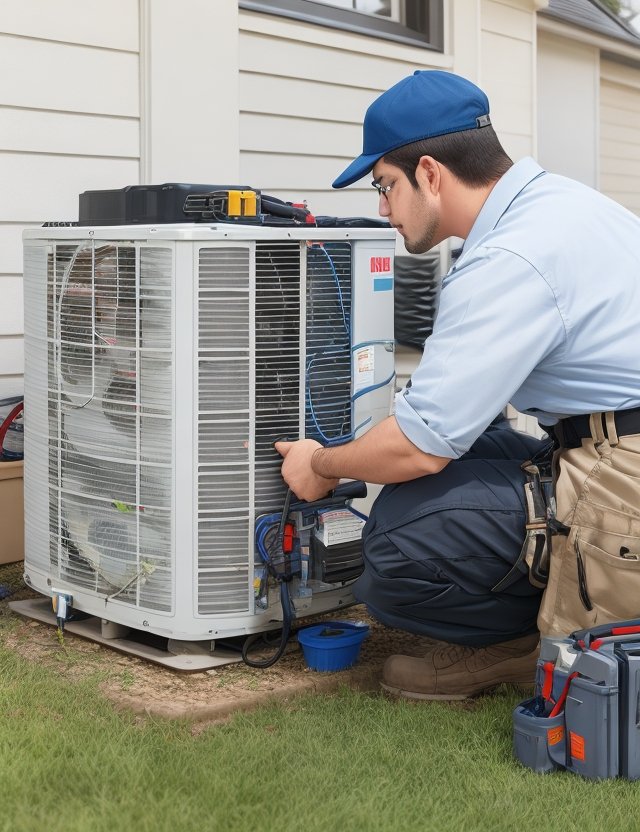 A technician inspecting an outdoor AC unit with a toolbox beside him
