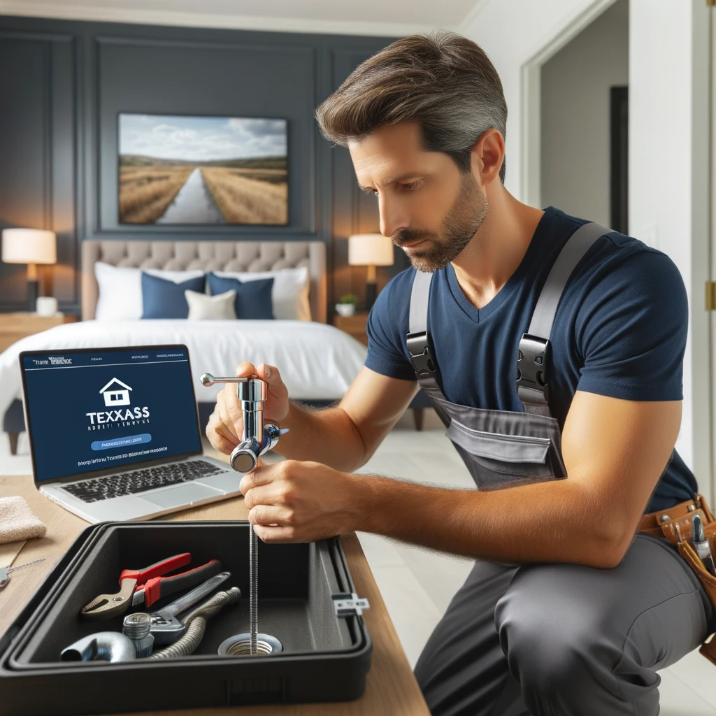 Photo of a professional plumber from Texas Homes Realty & Management examining a faucet in a modern master bedroom, with a toolkit by his side. The plumber is focused on his work, embodying dedication and expertise. In the background, a laptop displays the Texas Homes Realty & Management website, highlighting their prompt online service capabilities.