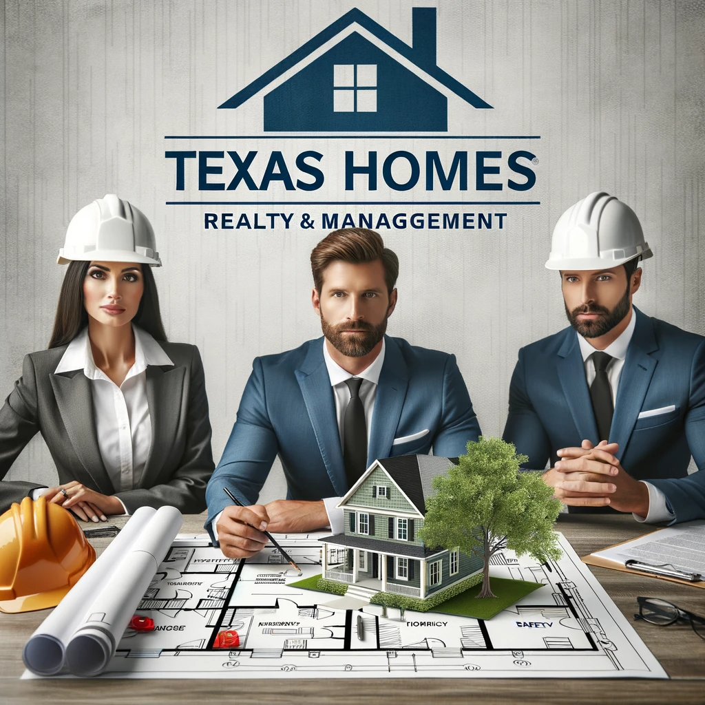 Photo of a professional property management team from Texas Homes Realty & Management discussing emergency protocols, with a blueprint of a house in front of them, emphasizing safety and teamwork. The company logo should be subtly present in the background.