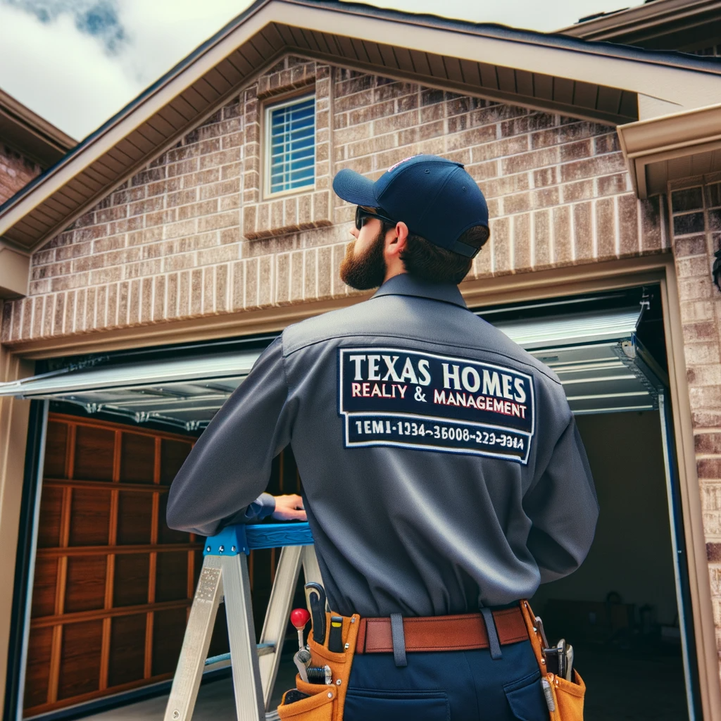 Photo of a residential garage with its door partially opened. A technician from Texas Homes Realty & Management, in company-branded attire, stands on a ladder, working on the tracks positioned above the garage door, showcasing his proficiency in addressing common garage door issues.