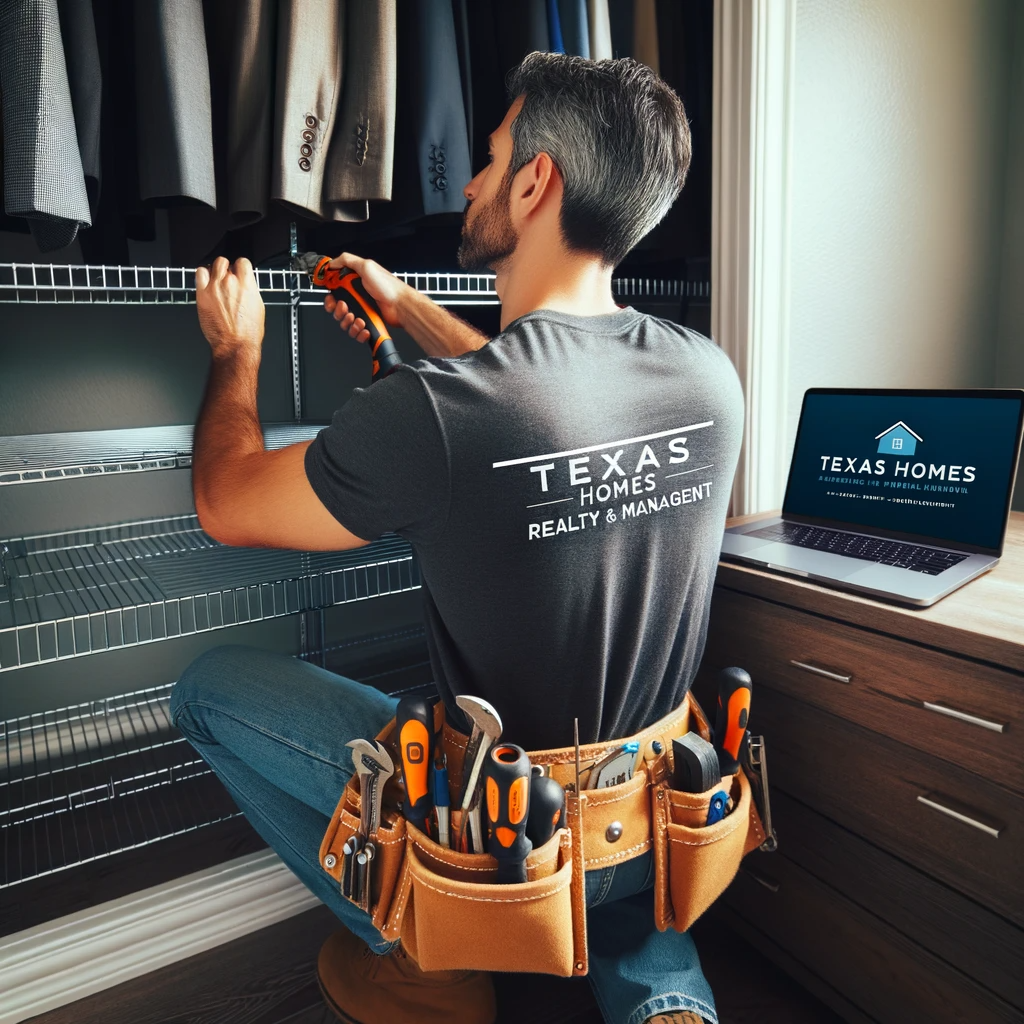 Photo of a technician skillfully securing wire shelves in a home closet, with a branded Texas Homes Realty & Management tool belt, showcasing professionalism and expertise. In the background, there's a laptop open with the Texas Homes Realty & Management website visible, subtly indicating their prompt online service capabilities.