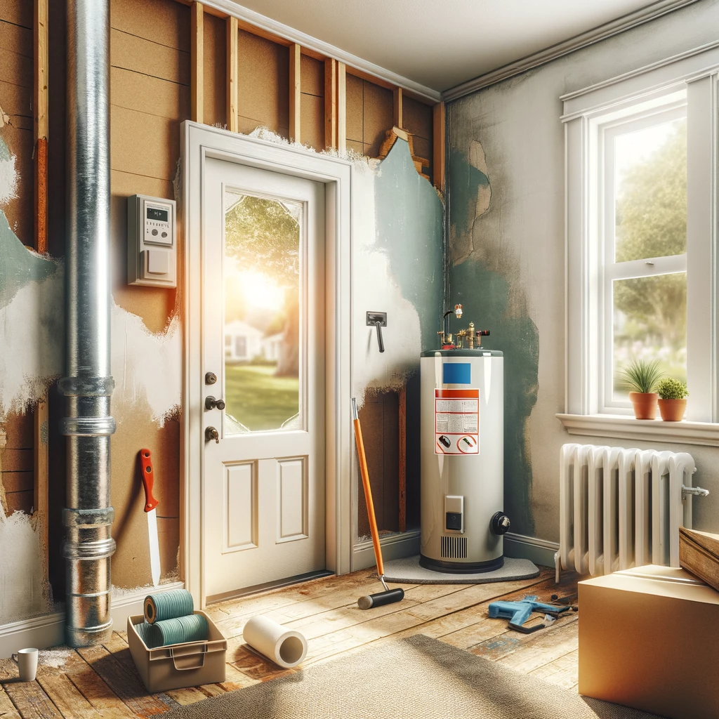 A cozy and well-maintained residential property, showcasing areas of recent repair and maintenance. The scene includes a repaired sheetrock wall, a window with newly applied paint to cover old peeling, a securely closed back door with new weather stripping, and a modern, safely installed water heater. The image exudes a sense of warmth and care, reflecting the high standards of a property management company. The setting is bright and welcoming, illustrating a home that is both functional and aesthetically pleasing.