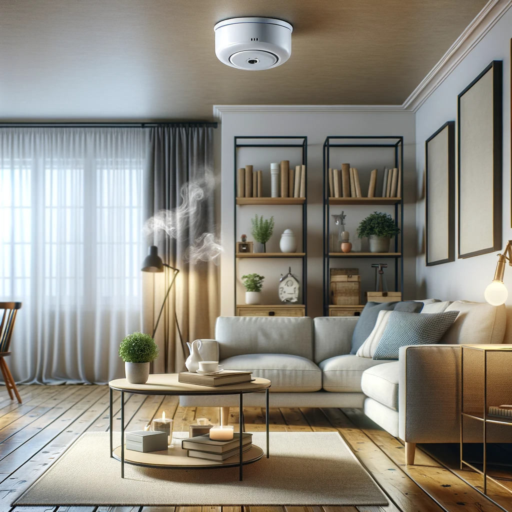 A modern, well-maintained home interior with a visible smoke detector on the ceiling. The room should look cozy and inviting, symbolizing a safe and secure living environment. The style should be a blend of professional and casual, reflecting a comfortable yet well-managed property. Ensure the image conveys a sense of reliability and attention to detail, characteristic of a top-notch property management service. Include elements like a sofa, a coffee table with a few books, and a plant, to create a homely feel. Do not include any people or specific branding.