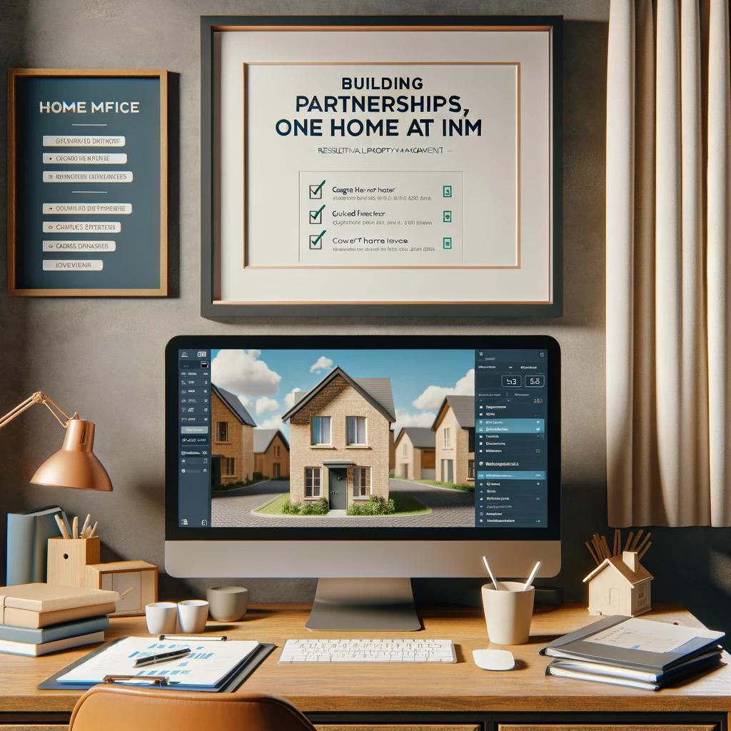 A professional but warm home office setting of a residential property management company, with visible elements like a desktop with property management software on the screen, a framed slogan on the wall reading 'Building Partnerships, One Home At A Time', a model of a family home on the desk, and a visible notepad with a checklist including 'Garage Door Opener Issue', 'Qualified Renters', and 'Convert Homes to Income'. The room should have a welcoming atmosphere, suggesting a company that is efficient and caring in managing residential properties.