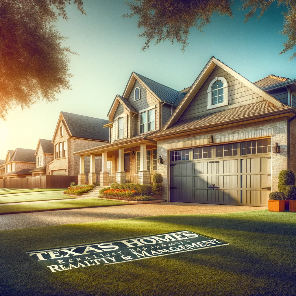 A serene suburban neighborhood in Katy, Texas, with a focus on a well-maintained single-family home. The home features a prominent, modern garage door that is partially open, revealing a neat and organized interior. The scene reflects a residential setting, with manicured lawns and a clear, sunny sky, embodying the essence of professional residential property management. The image should have a welcoming and peaceful atmosphere, showcasing the ideal living environment that a property management company like Texas Homes Realty & Management aims to provide.