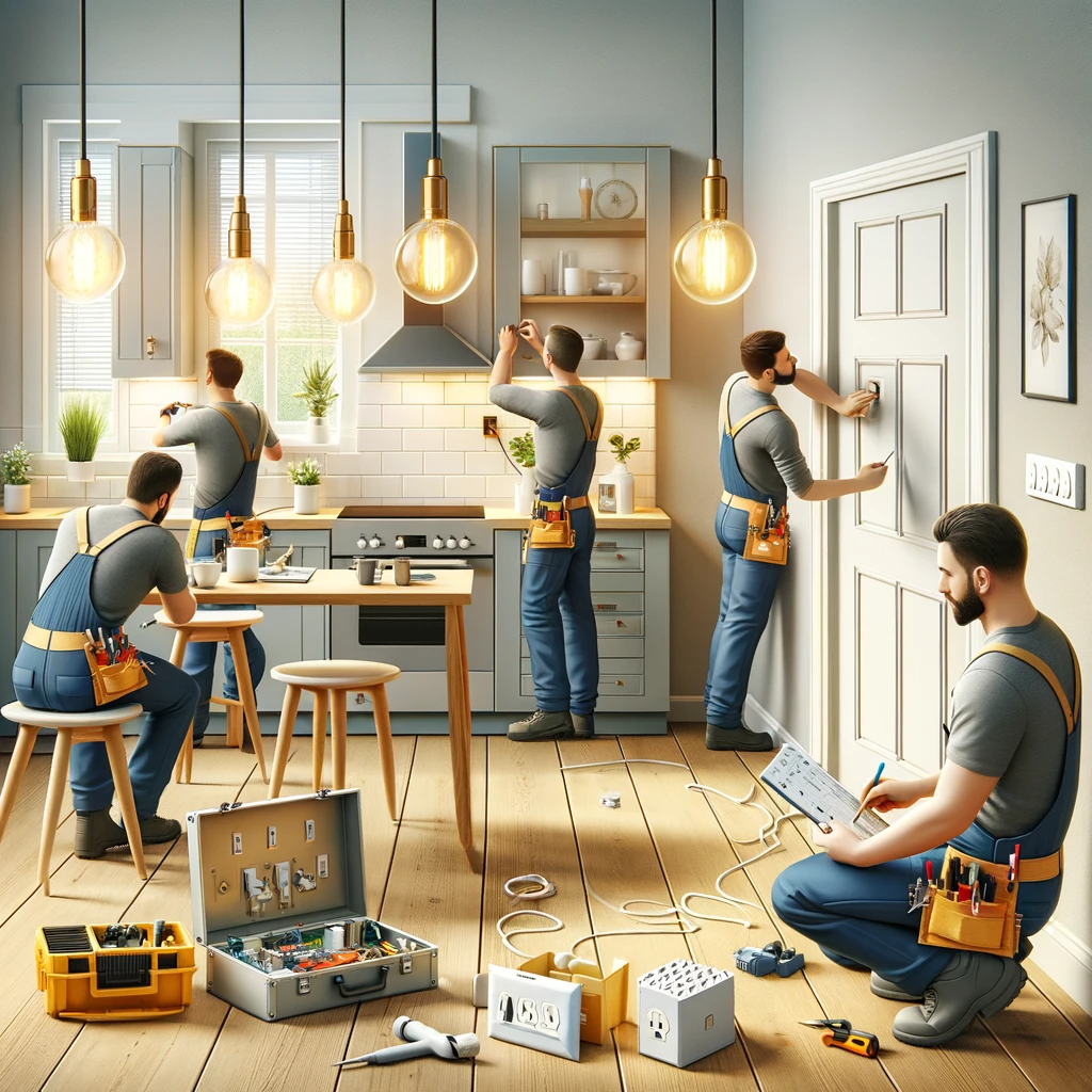 A team of professional property management specialists working on various tasks in a residential setting. The scene includes an electrician repairing kitchen outlets, another technician fixing a front door knob and lock, and a third person replacing the ballast of kitchen lights. The setting is a well-maintained, modern home interior. The image conveys a sense of expertise, efficiency, and attention to detail, highlighting the comprehensive property management services offered by a leading real estate agency.