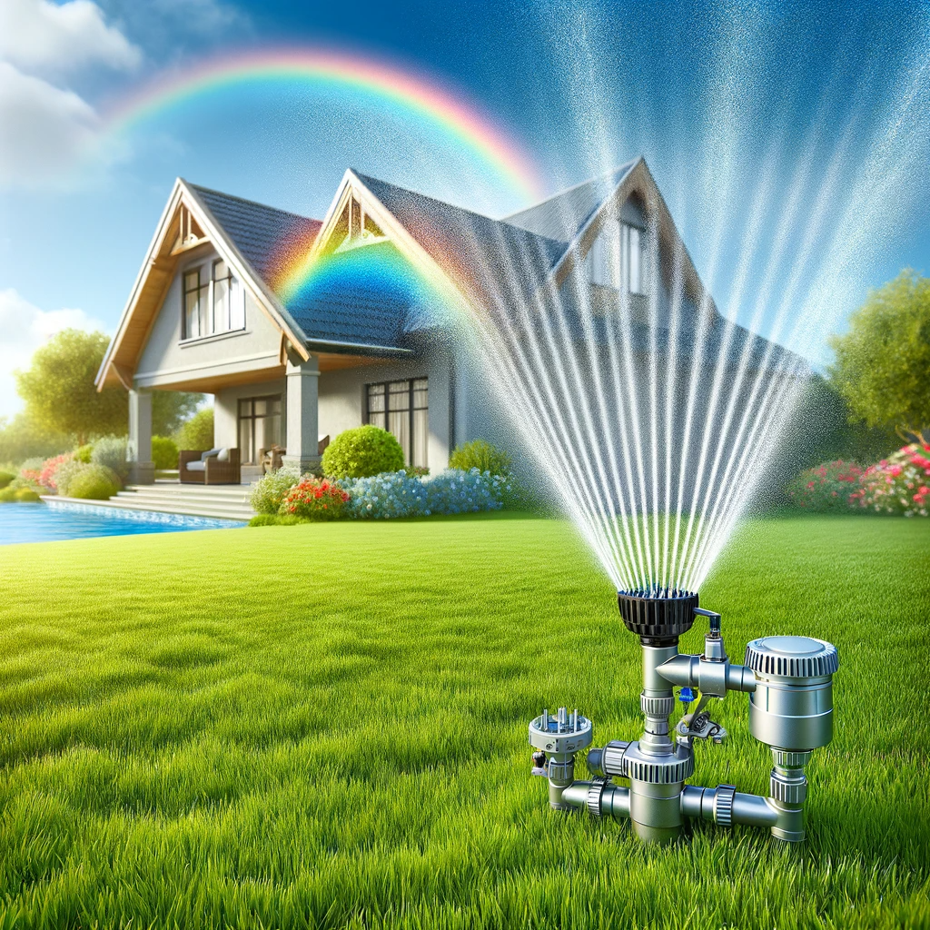 Create an image of a residential property with a lush, green lawn and a modern, efficient sprinkler system visibly operating in the foreground. The backdrop should be a sunny sky with the hint of a rainbow near the water spray, symbolizing efficient property management and care.