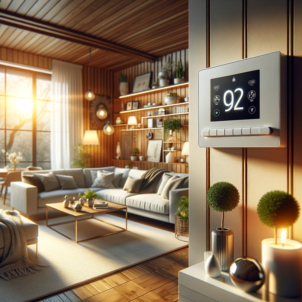 Visualize a modern residential living room in a Katy, Texas home during winter with a visible thermostat on the wall set to a cozy temperature. The room is well-furnished, reflecting a professional but homely ambiance, with light streaming through the windows, suggesting a comfortable and well-managed property.