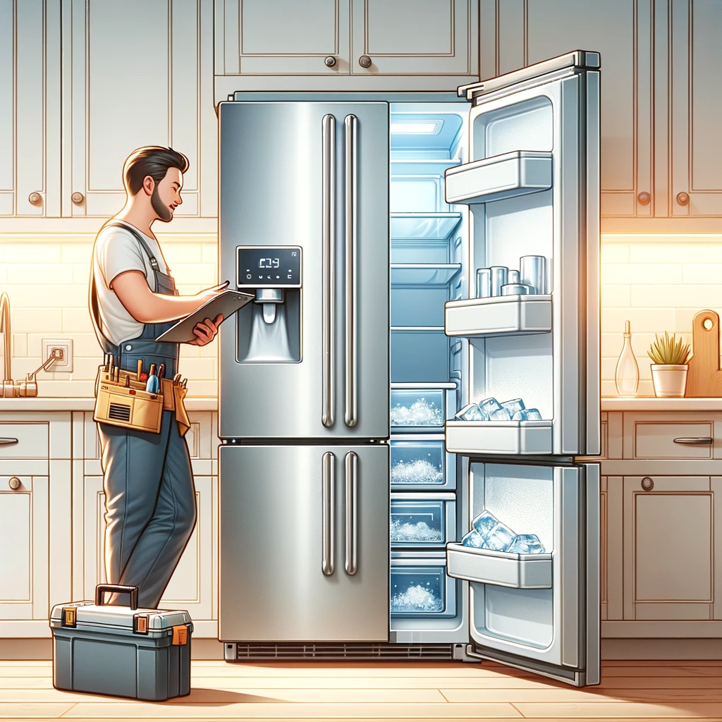 Illustrate a modern kitchen in a residential home with a stainless steel refrigerator and an open freezer compartment showing a built-in ice maker. The ice maker has a visible ice build-up preventing ice from dropping into the bin below. Include a property management technician, of Caucasian descent, with a toolkit inspecting the appliance. The setting should have a bright and clean aesthetic, embodying the professionalism of Texas Homes Realty & Management.