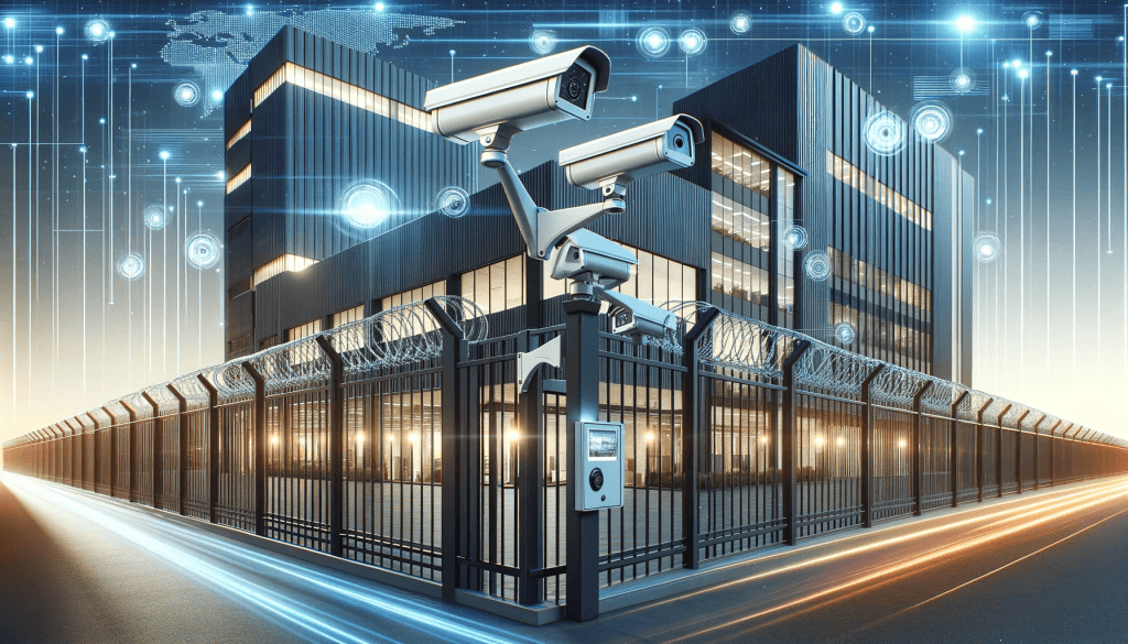 A commercial property surrounded by a high, secure fence with advanced features like CCTV cameras and access control systems. The scene shows a modern business environment, emphasizing the sense of safety and protection provided by the fencing. The fence should appear robust and imposing, deterring potential intruders, while the business appears thriving and professional.
