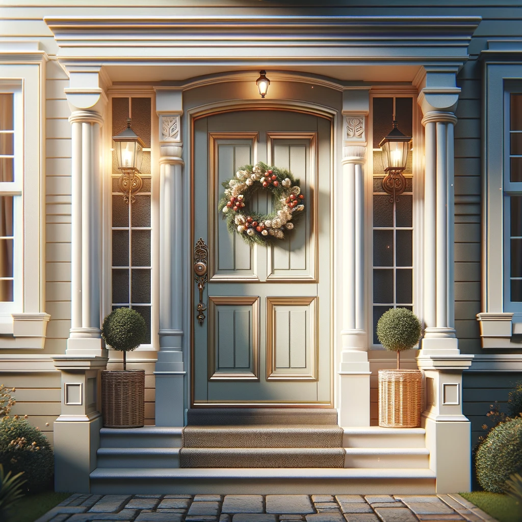 A beautiful front door in pristine condition, adorned with a decorative wreath, standing as a symbol of appeal and functionality. This image aims to capture the attention of homeowners, highlighting the concept that fixing front door issues can significantly enhance the property's value and security. The door should be set in a well-maintained entrance, possibly with steps leading up to it, to emphasize its importance in adding curb appeal and providing a secure entry to the home.