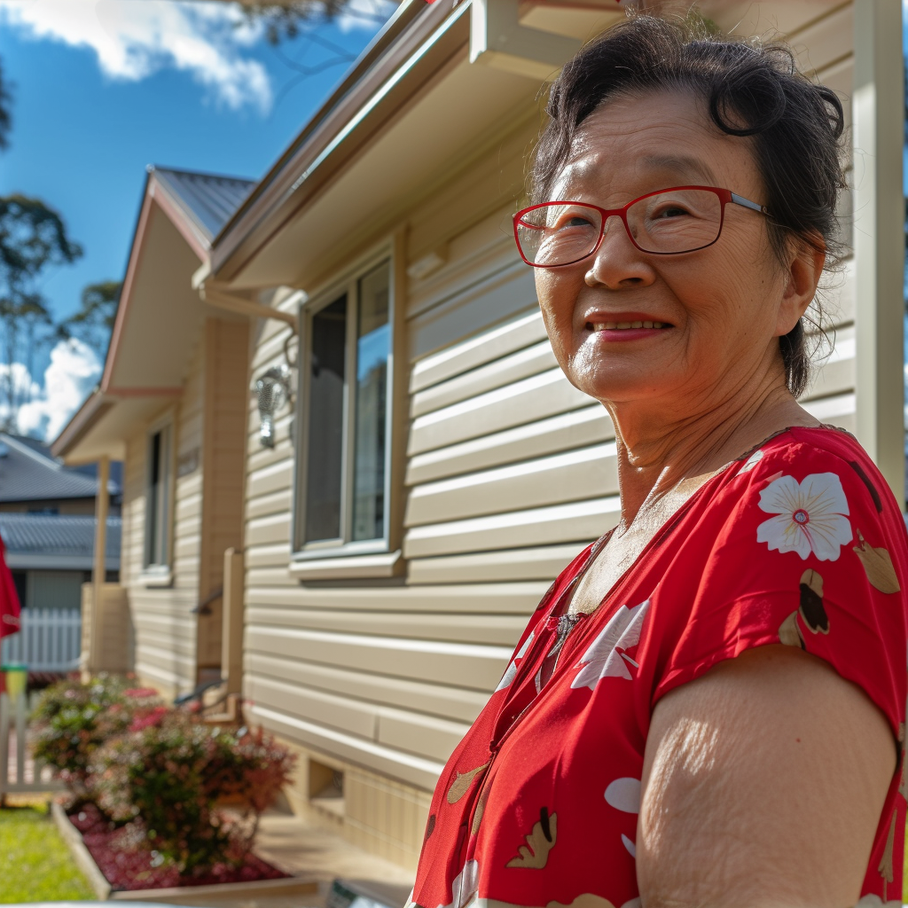 A delighted homeowner posing with their beautifully renovated residence, satisfaction, remodeling, suburb, afternoon light