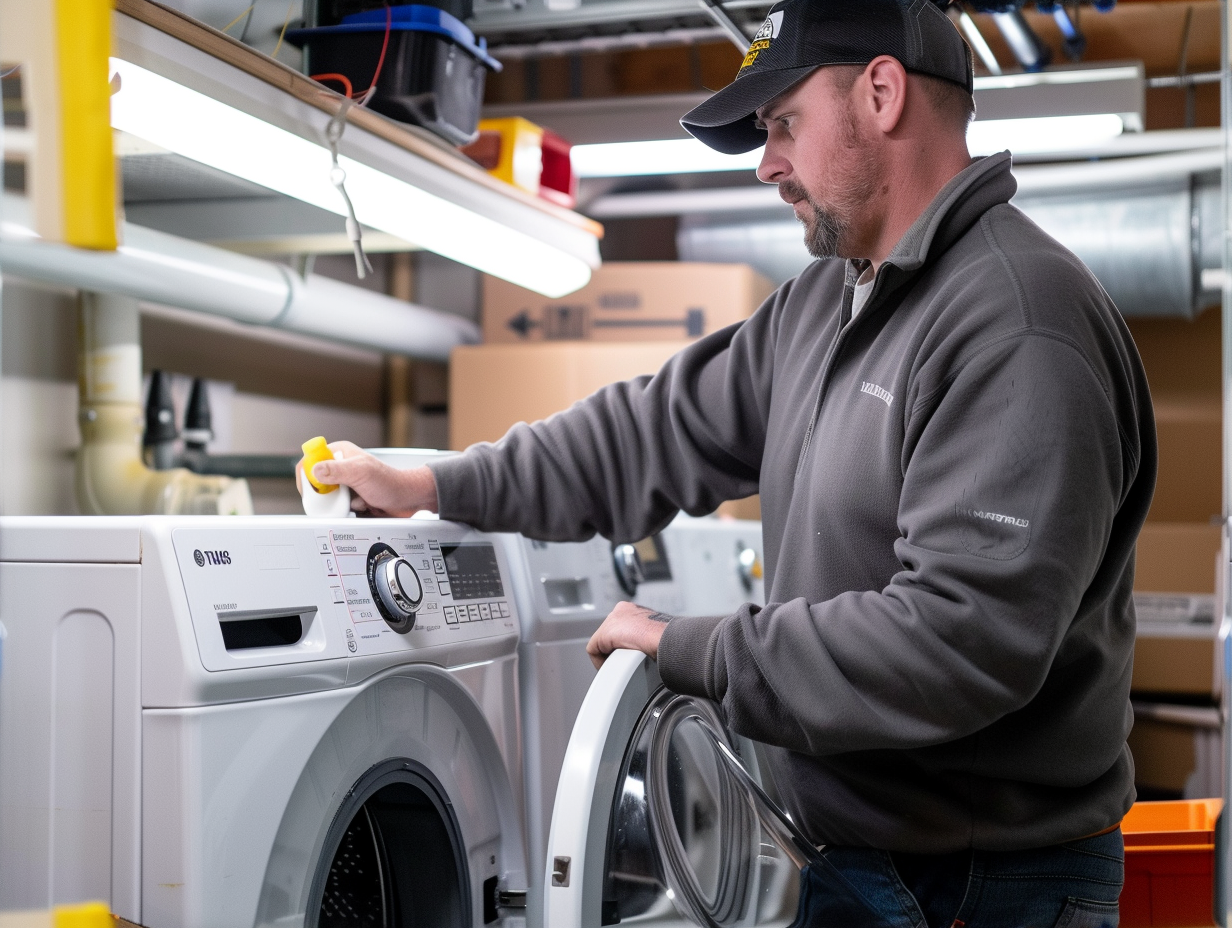 A maintenance worker troubleshooting a dripping laundry room faucet, problem solving, plumbing maintenance, laundry,