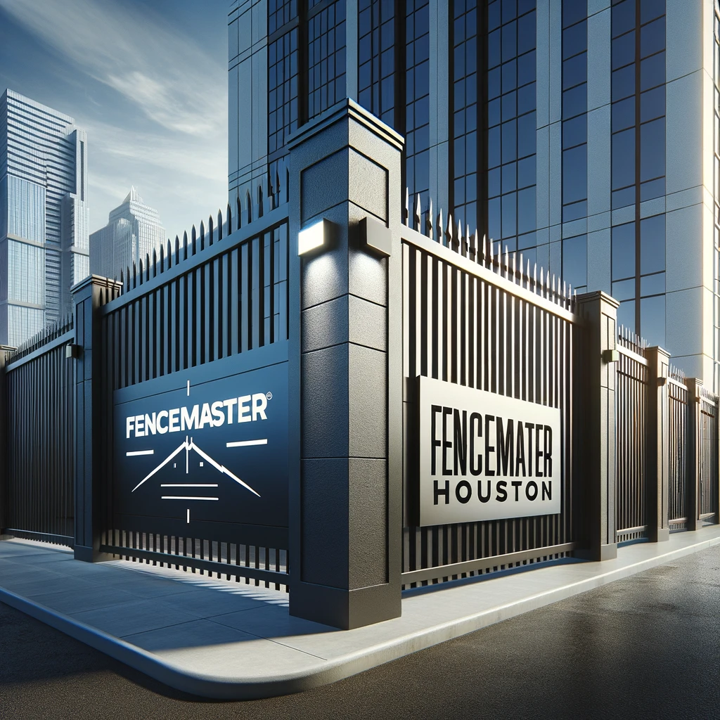 An illustration of a sleek, modern commercial fence featuring the Fencemaster Houston logo. The image should emphasize the fence's aesthetic appeal and robustness. The fence is made of high-quality materials, showcasing a contemporary design with clean lines and a minimalistic style.