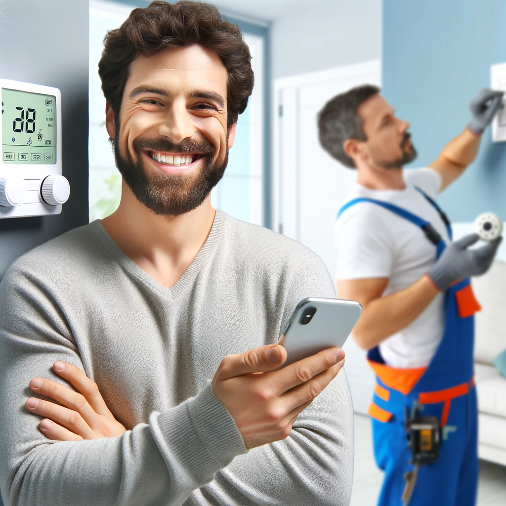 An image depicting a homeowner holding a phone and smiling, with a maintenance worker in the background actively fixing a broken thermostat. This scene is designed to convey a sense of hassle-free solutions for homeowners, showcasing the homeowner's satisfaction and the maintenance worker's focus on resolving the issue. The homeowner appears relieved and content, illustrating the convenience of professional home maintenance services, while the maintenance worker is depicted as skilled and attentive, emphasizing the reliability and efficiency of the service.