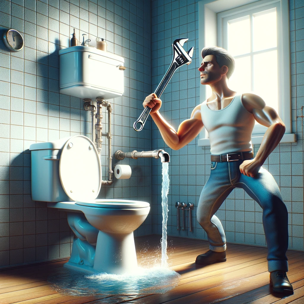 An image depicting a person holding a wrench, standing before a running toilet with a determined expression on their face. The individual's stance and facial expression convey a sense of readiness and resolve to tackle the plumbing issue at hand. This scene captures the moment of confrontation with a common household problem, emphasizing the person's commitment to DIY repairs. The background is a typical bathroom setting, further highlighting the contrast between the tranquility often associated with this space and the urgency of fixing a malfunctioning toilet. This visual aims to resonate with viewers by showcasing the empowerment and practical skills involved in home maintenance tasks.