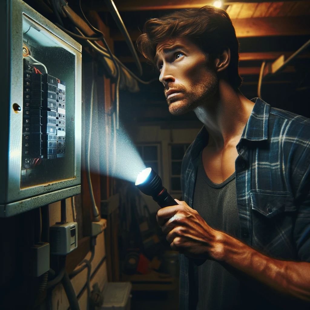 An image depicting a person standing in a garage, holding a flashlight in one hand, and looking intently at a flickering breaker box. The individual's facial expression and body language convey a mix of frustration and concern, highlighting the urgency and discomfort of dealing with electrical issues. The dimly lit garage, illuminated mainly by the flashlight and the intermittent light from the breaker box, adds to the atmosphere of unease and the need for a prompt solution. This scene effectively portrays the challenges homeowners face when encountering electrical problems and the immediate need for professional assistance.