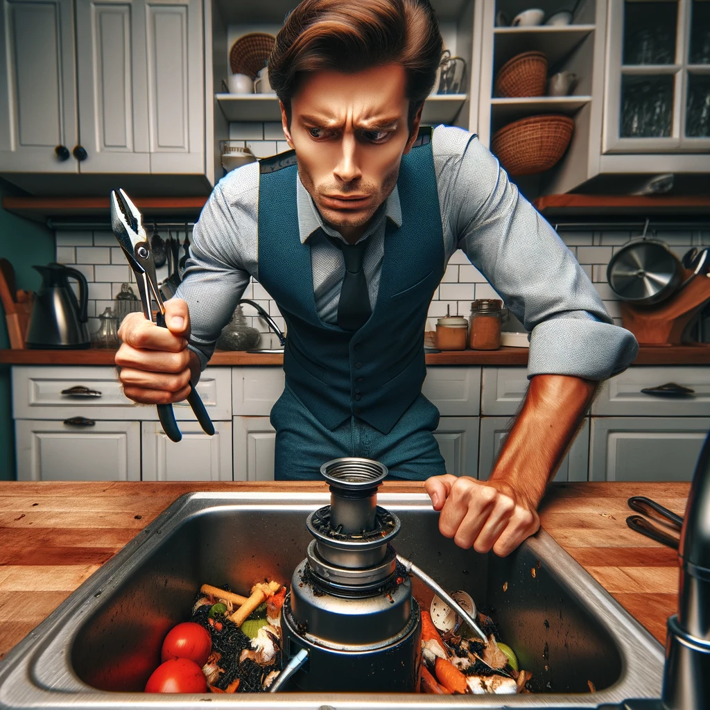 An image of a person standing in front of a kitchen sink, showing visible frustration as they hold a pair of tongs in one hand, ready to tackle the food debris causing an obstruction in a stuck garbage disposal. The individual's expression and stance convey a mix of determination and annoyance, emphasizing the common household dilemma of dealing with kitchen appliance issues. The scene is set in a well-lit kitchen, highlighting the contrast between the domestic comfort of the environment and the inconvenience posed by the malfunctioning garbage disposal. This image aims to resonate with viewers by depicting a relatable moment of frustration and the immediate need to find a practical solution.