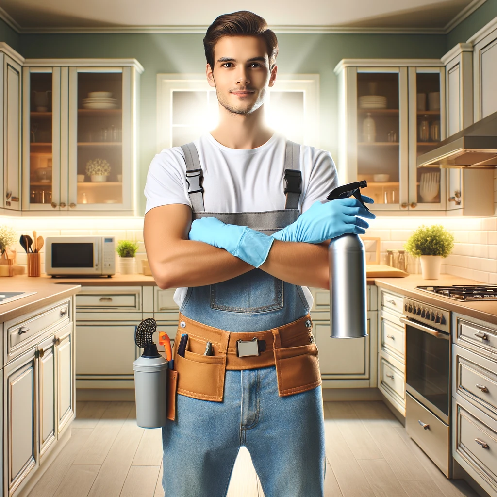 An image showcasing a homeowner standing confidently in a clean, well-maintained kitchen, holding a can of bug spray. The kitchen is brightly lit, highlighting modern appliances and a sparkling clean countertop, symbolizing a well-cared-for domestic environment. The homeowner is equipped with gloves, and their determined expression conveys readiness to tackle any roach infestation, emphasizing a proactive stance on maintaining a pest-free home. This image aims to depict the empowerment of individuals in keeping their living spaces clean and free from pests, resonating with viewers who value cleanliness and self-efficacy in home management.