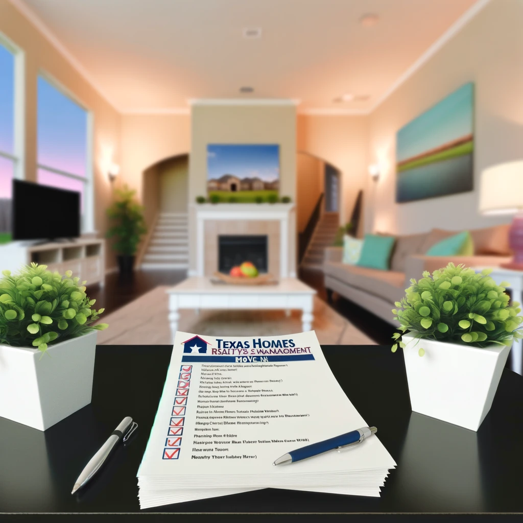 Illustrate a welcoming, spacious, and well-lit living room in a modern rental property, featuring comfortable furniture and decorative plants, with a checklist on the coffee table highlighting key move-in tasks, encapsulating the ease and organization facilitated by Texas Homes Realty & Management. The room exudes a sense of home and readiness, inviting new tenants to envision their smooth transition into this space.