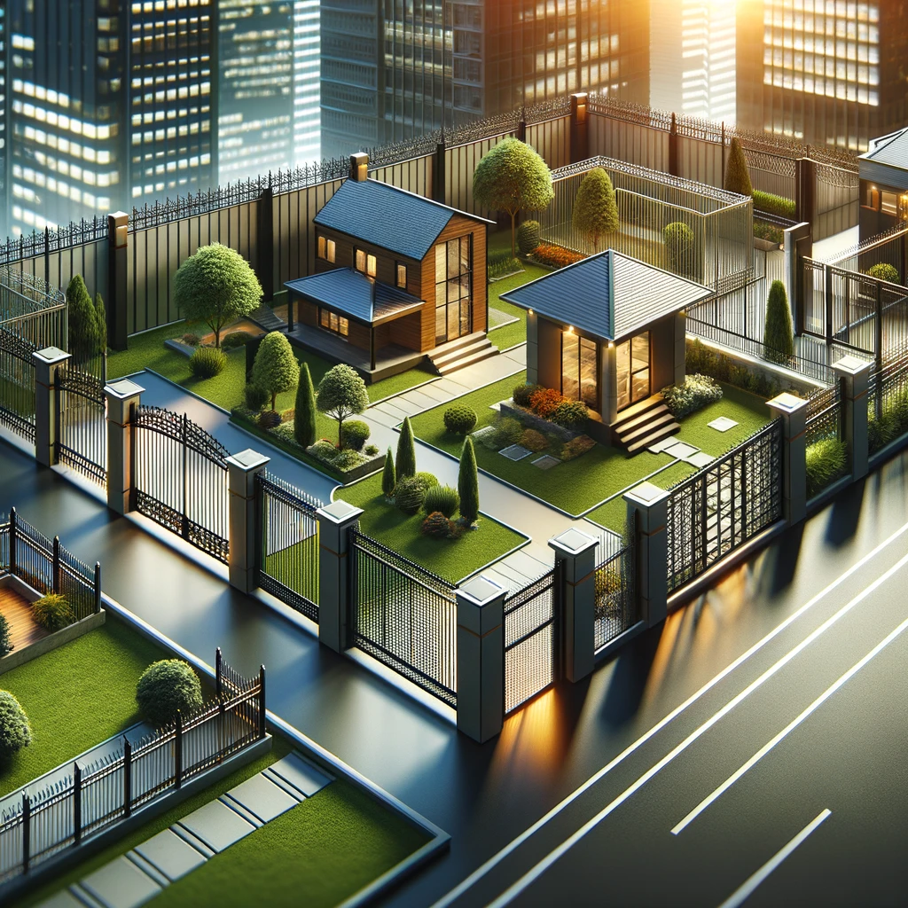 Showcase the precision and beauty of commercial and residential fences crafted by a highly experienced team, highlighting the attention to detail and quality materials used. Feature a variety of fence styles in an urban setting, demonstrating both security and aesthetic appeal.