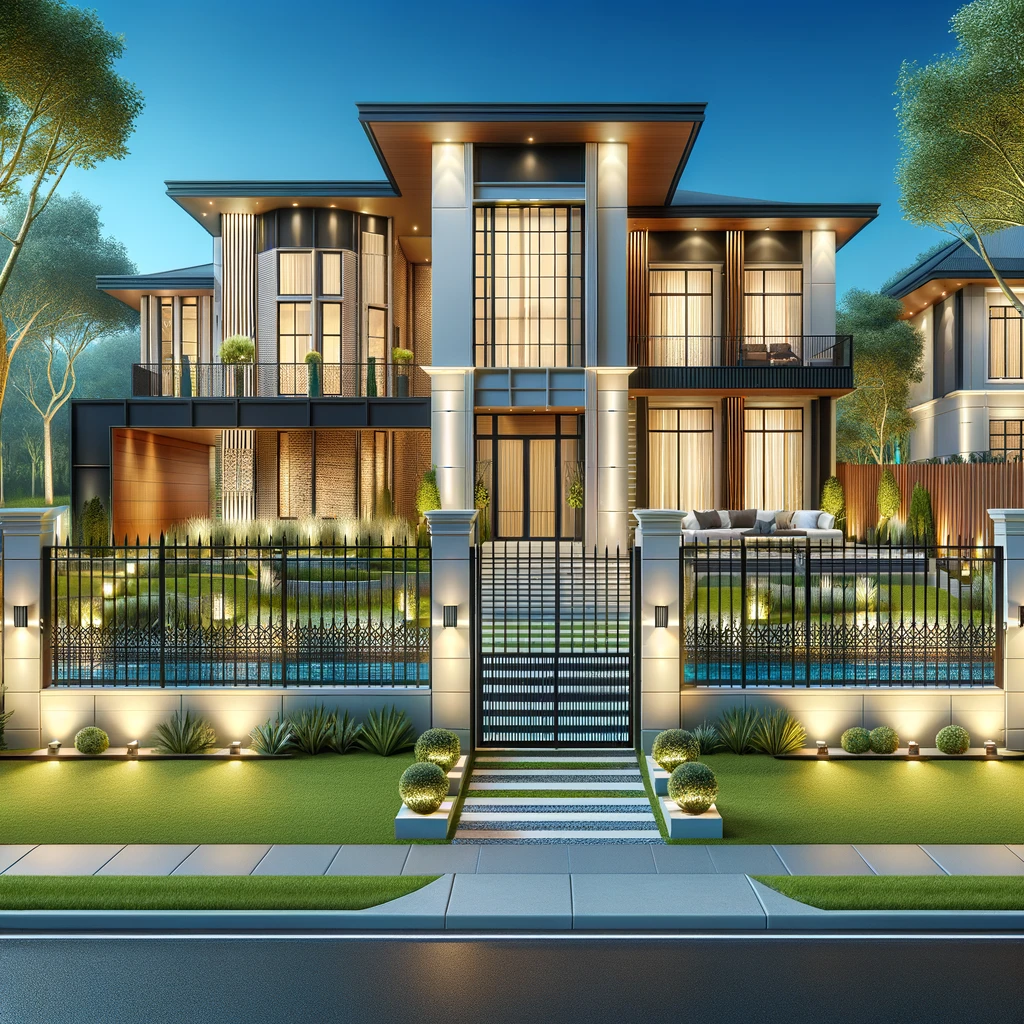 Illustrate a modern and elegant residential property, beautifully framed by a custom-designed fence crafted by Fencemaster Houston, highlighting both sophistication and security.
