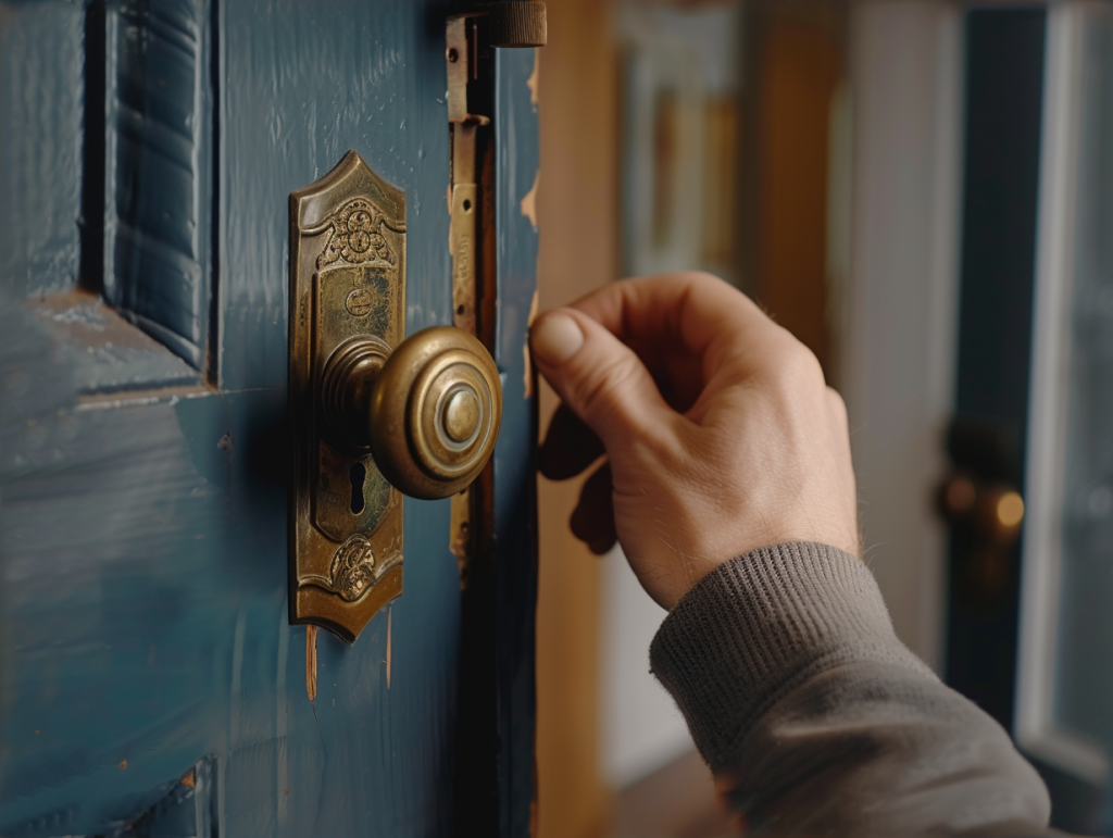 A handyman installing a new door knob and lock set