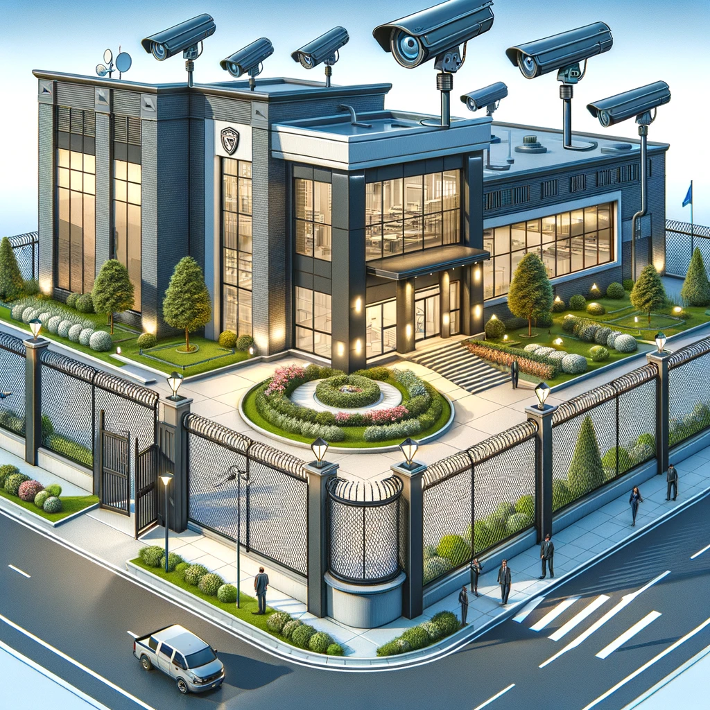 Create an illustration that showcases a commercial property surrounded by a modern, aesthetically pleasing chain link fence. Include visual elements that suggest enhanced security, such as surveillance cameras and a gated entrance, while also highlighting the fence's contribution to the property's curb appeal through landscaped areas and well-designed gates. The setting should reflect a professional business environment, embodying the quality and expertise of Fencemaster Houston in crafting precision commercial fencing solutions.