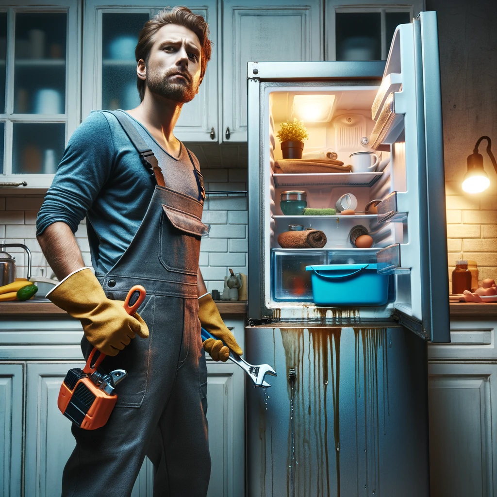 An image of a person standing in front of a leaking refrigerator, equipped with a wrench and a pipe cleaner, signaling readiness to tackle the issue. They are wearing gloves, emphasizing the importance of safety while handling appliance repairs. The individual's expression is one of determination, reflecting a proactive approach to solving the problem at hand. The scene is set in a home kitchen, highlighting the inconvenience of appliance malfunctions and the homeowner's resolve to address it promptly. This visual aims to depict a moment of self-reliance and the practical aspects of home maintenance, resonating with viewers who appreciate the value of DIY solutions in domestic settings.