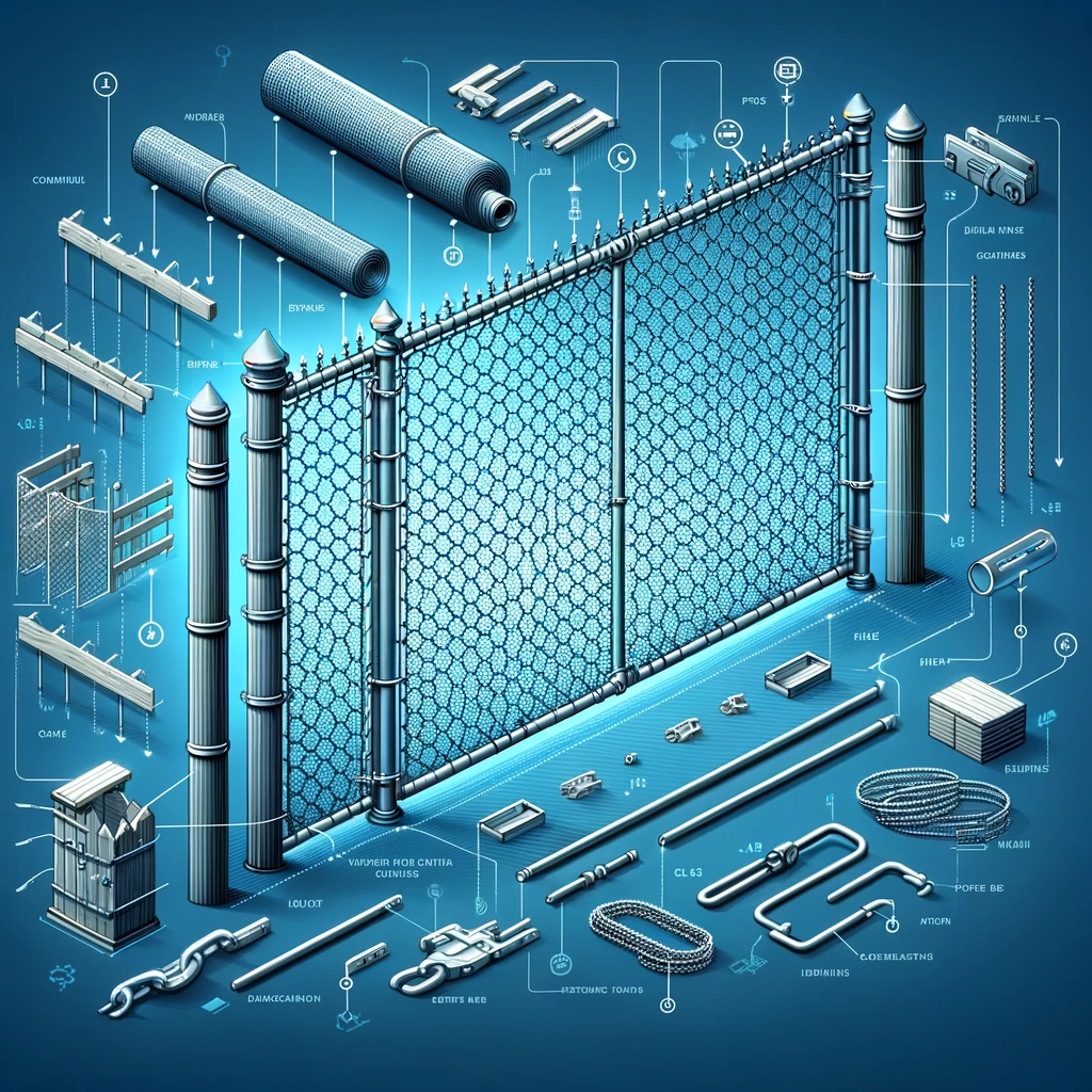 Show a detailed illustration of a chain link fence, highlighting its components such as the mesh, posts, rails, tension bands, and gate options, with a focus on durability and security. Include a backdrop that suggests both residential and commercial applications, embodying the essence of precision and expertise provided by Fencemaster Houston.