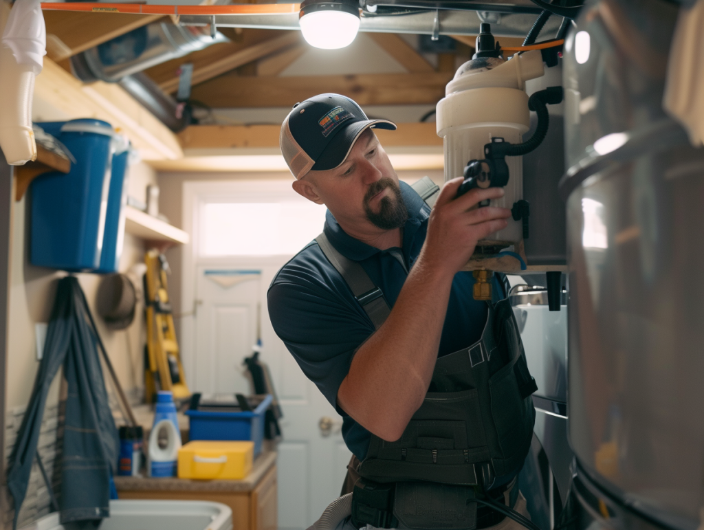 A handyman fixing a water filter with a cracked filter housing, skilled, maintenance, water system, laundry room,