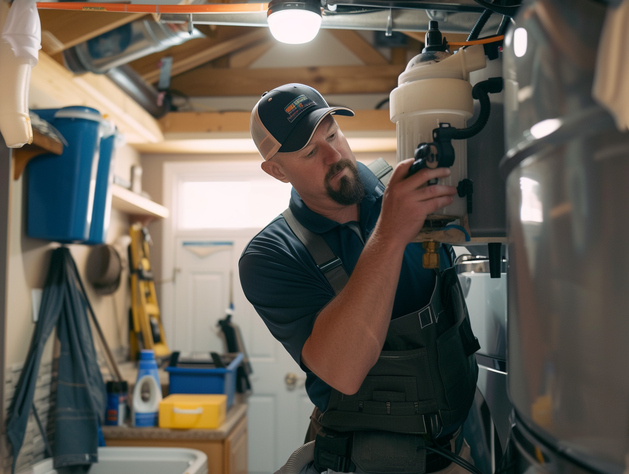 A handyman fixing a water filter with a cracked filter housing, skilled, maintenance, water system, laundry room,