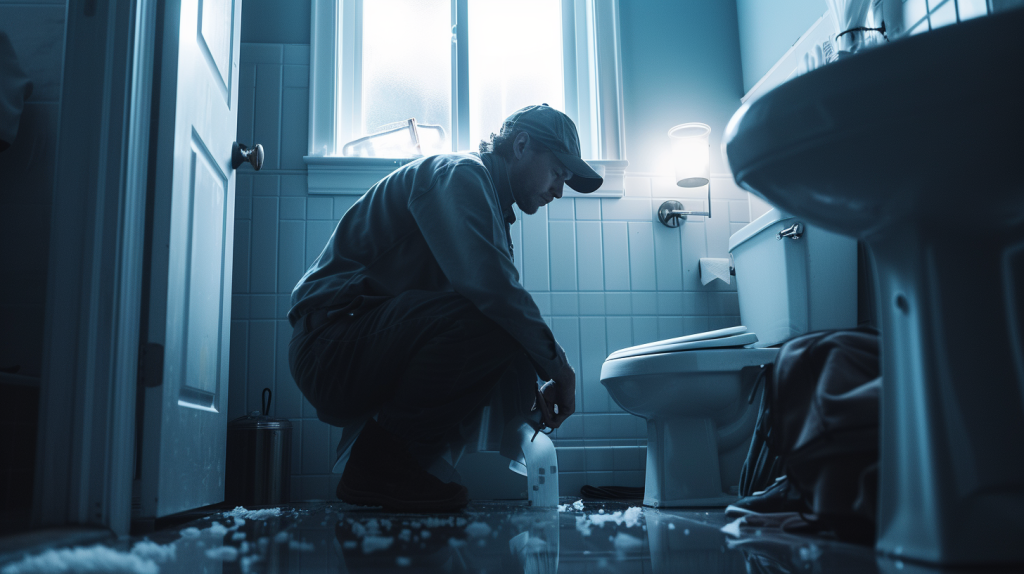 A plumber fixing a continuously running toilet, focused work, bathroom repair, bathroom, bright task lighting,
