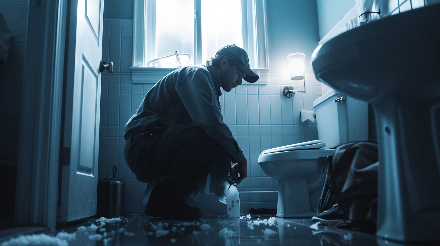 A plumber fixing a continuously running toilet, focused work, bathroom repair, bathroom, bright task lighting,