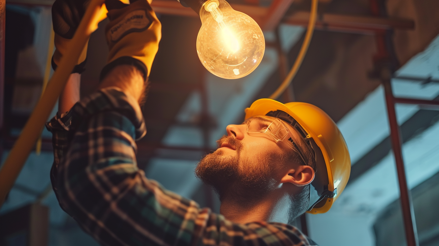 An electrician inspecting a faulty light fixture with a burned-out bulb, focused problem solving, lighting repair, workshop, bright task lighting,
