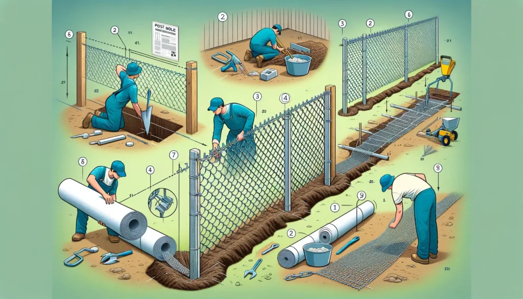 A step-by-step illustration of installing a chain link fence, showing a backyard with marked fence lines, post holes being dug, posts set in concrete, and the chain link fabric being attached.