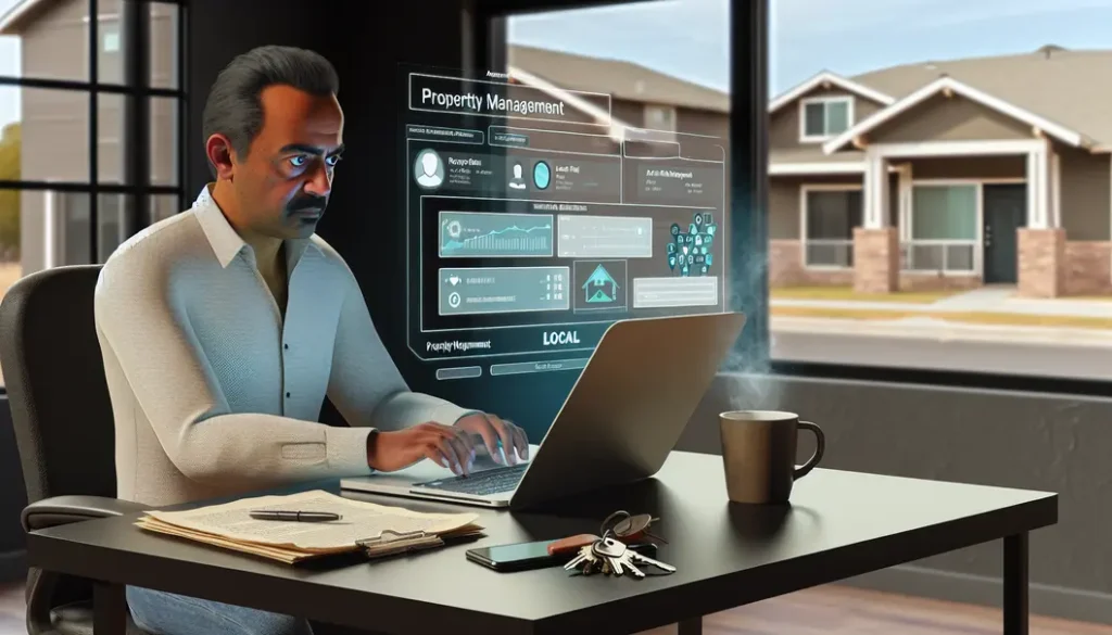 A property owner using AI tools on a laptop to manage properties digitally in Katy.
