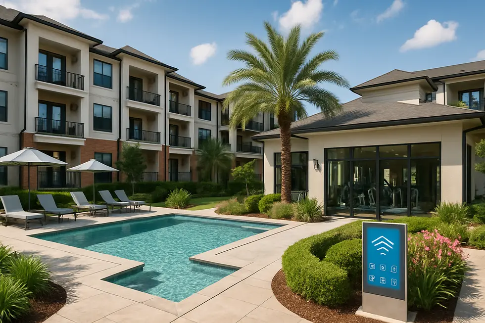 Photorealistic image of a high-end Katy apartment complex featuring amenities such as a pool, fitness center, and smart home features