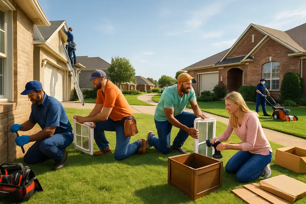 Scene of professional maintenance workers servicing properties in Katy, with homeowners observing, illustrating progress in property management.