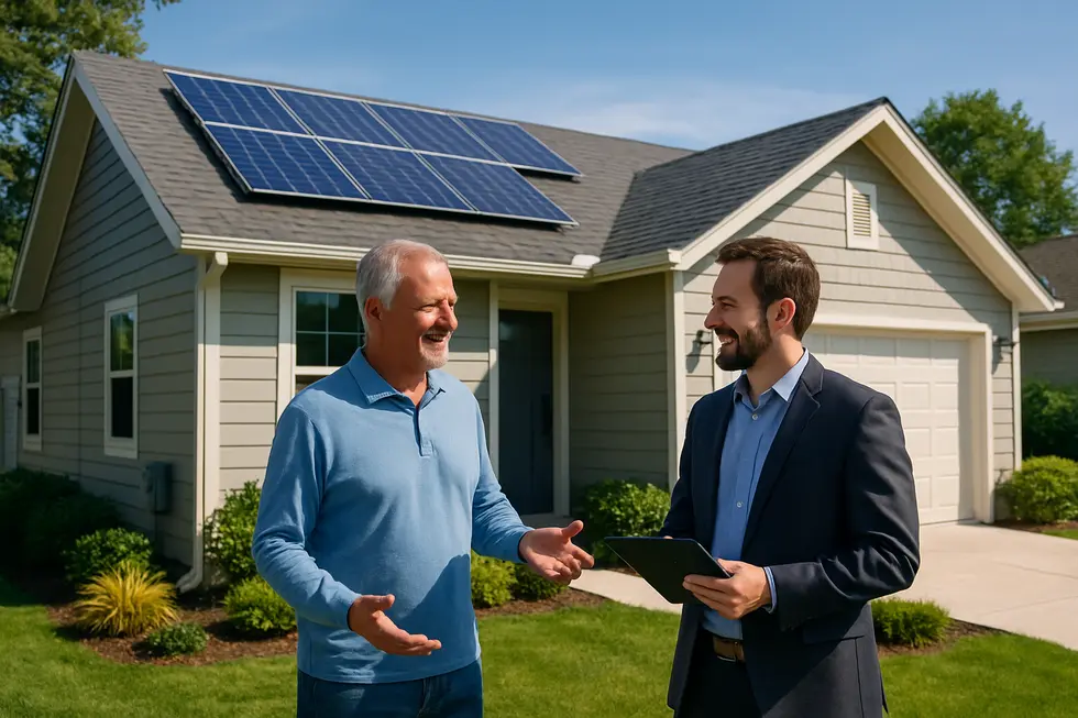 Rental property in Katy with solar panels and energy-efficient windows, owner and manager planning upgrades outdoors, bright day